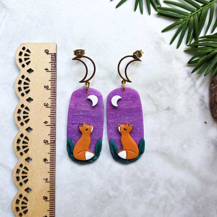 Fox earrings with purple sky and leaves / nature woodlands and forest