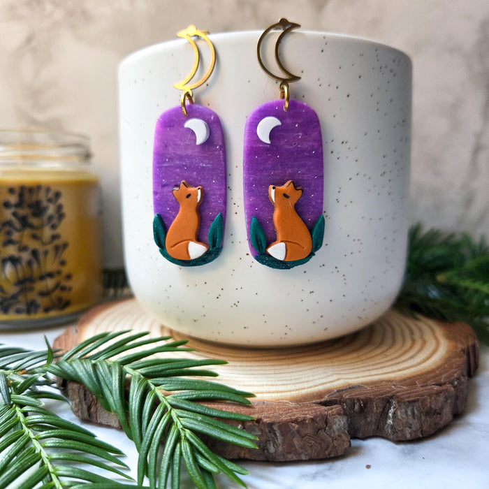 Fox earrings with purple sky and leaves / nature woodlands and forest