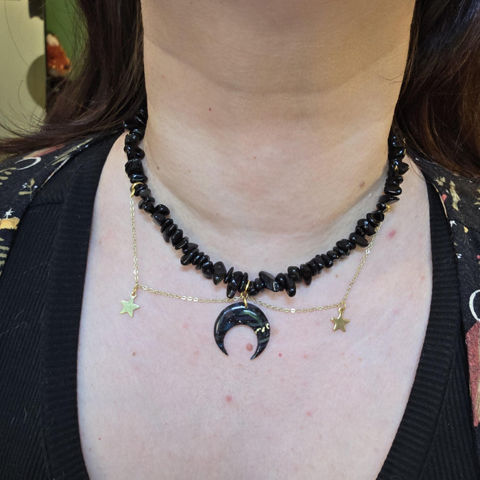 Obsidian crystal necklace with polymer clay moon / handmade / nature jewelry pendant