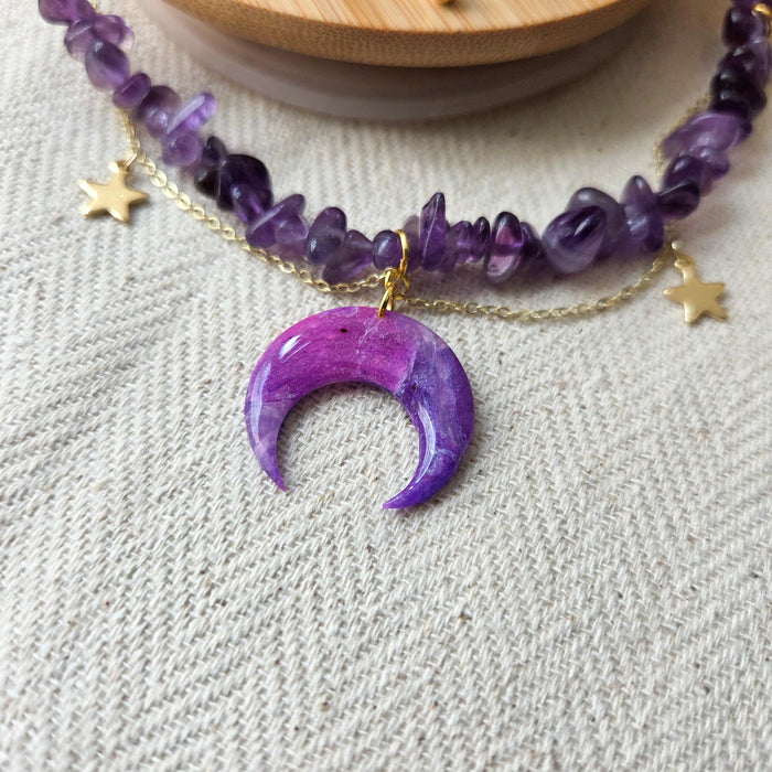 Amethyst crystal necklace with polymer clay moon / handmade / nature jewelry pendant
