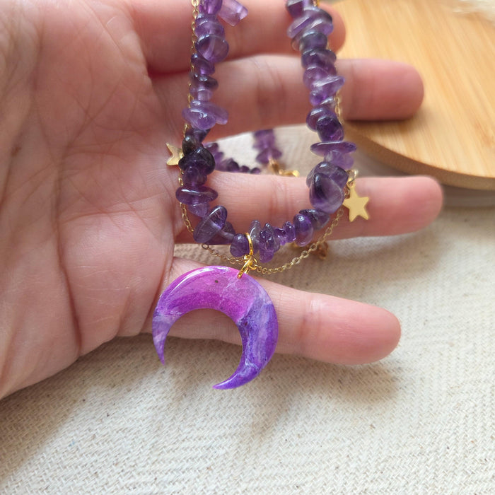 Amethyst crystal necklace with polymer clay moon / handmade / nature jewelry pendant