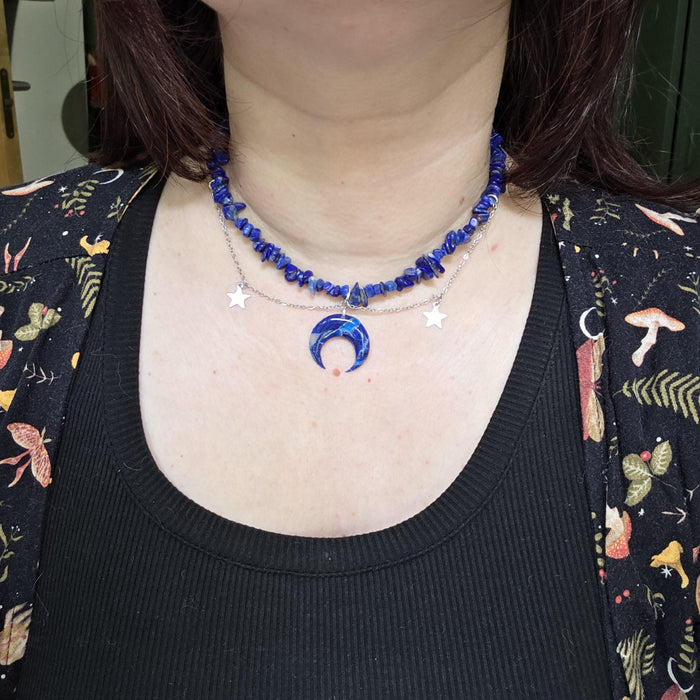 Lapis lazuli crystal necklace with polymer clay moon / handmade / nature jewelry pendant