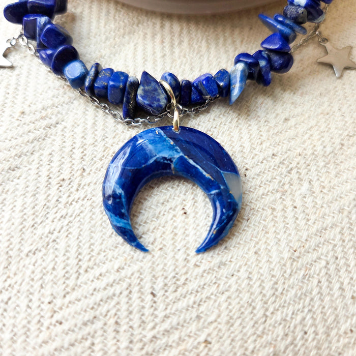 Lapis lazuli crystal necklace with polymer clay moon / handmade / nature jewelry pendant