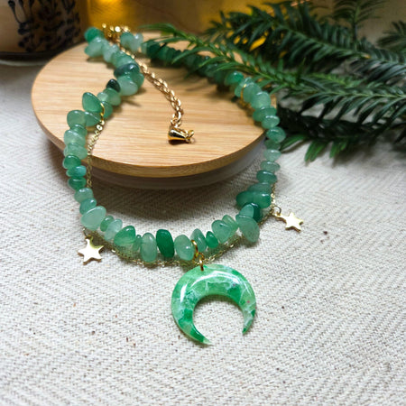 Aventurine crystal necklace with polymer clay moon / handmade / nature jewelry pendant