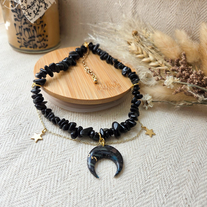 Obsidian crystal necklace with polymer clay moon / handmade / nature jewelry pendant