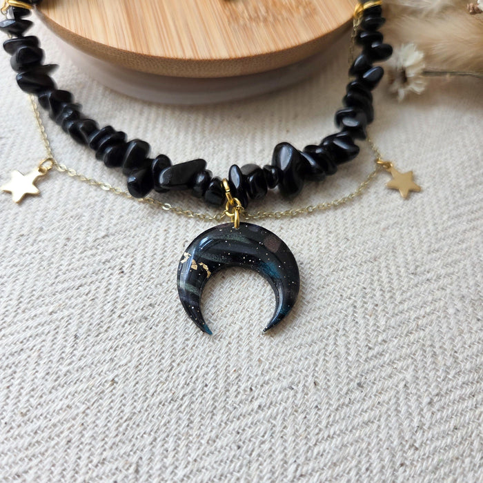 Obsidian crystal necklace with polymer clay moon / handmade / nature jewelry pendant