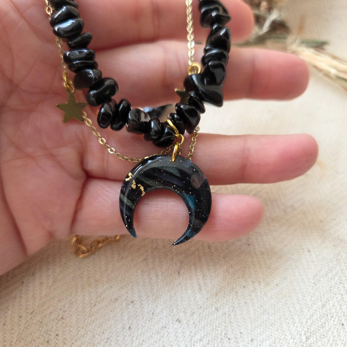 Obsidian crystal necklace with polymer clay moon / handmade / nature jewelry pendant