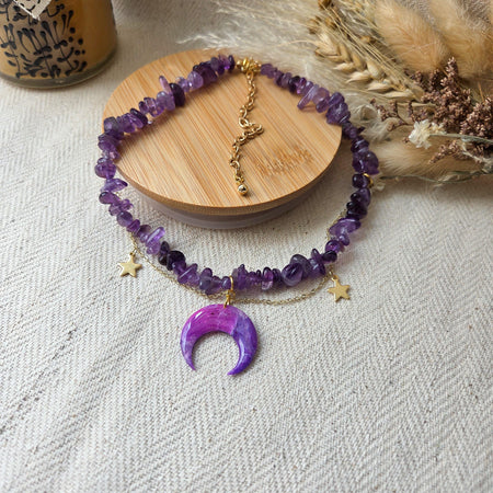 Amethyst crystal necklace with polymer clay moon / handmade / nature jewelry pendant