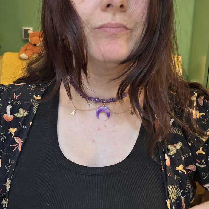 Amethyst crystal necklace with polymer clay moon / handmade / nature jewelry pendant