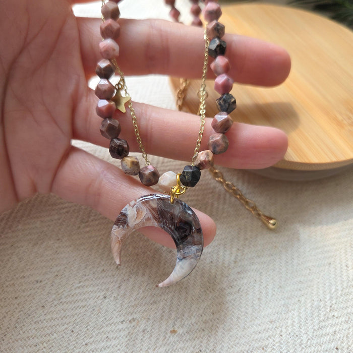 Rhodonite crystal necklace with polymer clay moon / handmade / nature jewelry pendant