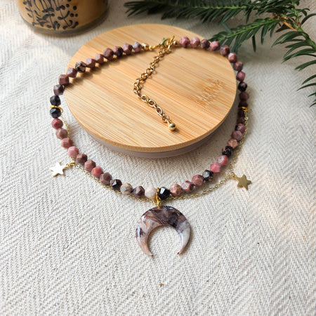 Rhodonite crystal necklace with polymer clay moon / handmade / nature jewelry pendant