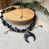 Snowflake obsidian crystal necklace with polymer clay moon / handmade / nature jewelry pendant