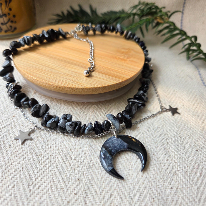 Snowflake obsidian crystal necklace with polymer clay moon / handmade / nature jewelry pendant