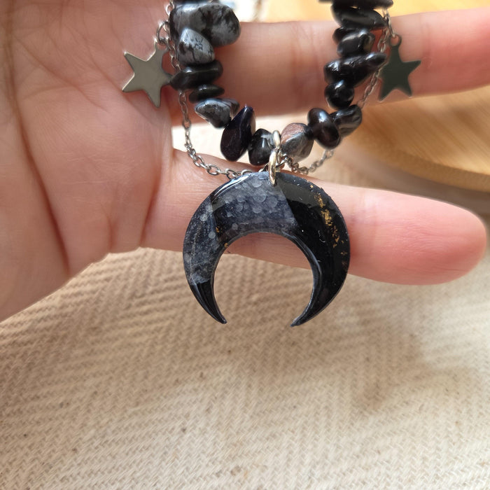 Snowflake obsidian crystal necklace with polymer clay moon / handmade / nature jewelry pendant