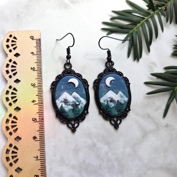 Mountains landscape black frame earrings with holographic background