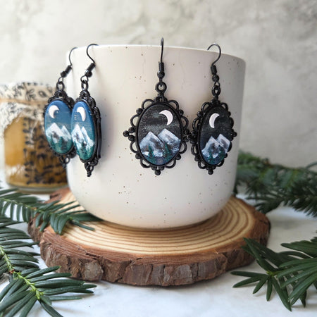 Mountains landscape black frame earrings with holographic background