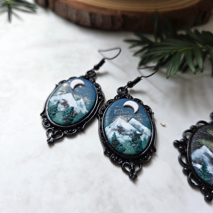 Mountains landscape black frame earrings with holographic background
