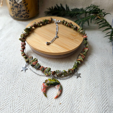 Unakite crystal necklace with polymer clay moon / handmade / nature jewelry pendant