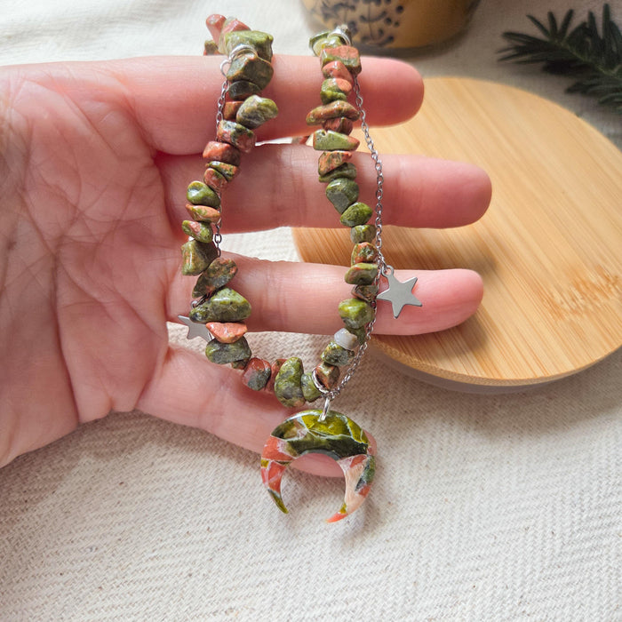 Unakite crystal necklace with polymer clay moon / handmade / nature jewelry pendant