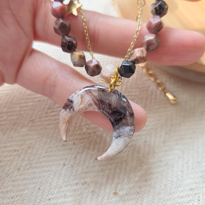 Rhodonite crystal necklace with polymer clay moon / handmade / nature jewelry pendant