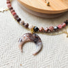 Rhodonite crystal necklace with polymer clay moon / handmade / nature jewelry pendant