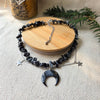 Snowflake obsidian crystal necklace with polymer clay moon / handmade / nature jewelry pendant