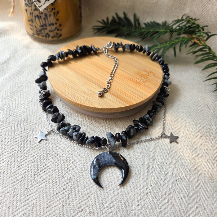 Snowflake obsidian crystal necklace with polymer clay moon / handmade / nature jewelry pendant