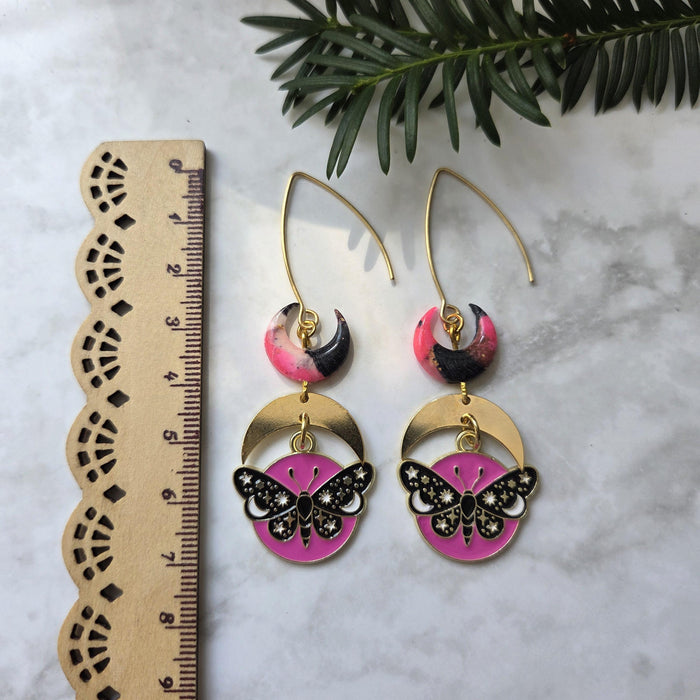 Moons and moths earrings / nature woodlands and forest