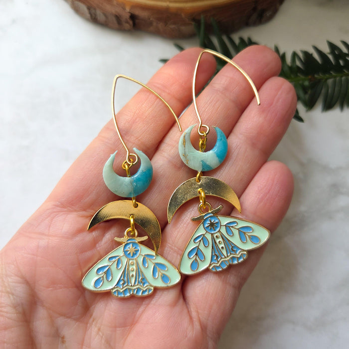 Moons and moths earrings / nature woodlands and forest