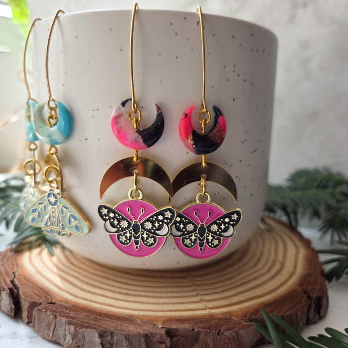Moons and moths earrings / nature woodlands and forest