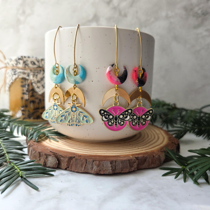 Moons and moths earrings / nature woodlands and forest