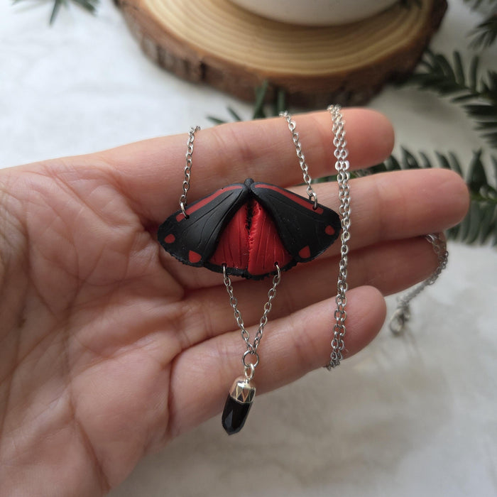 Cinnabar moth necklace with small obsidian crystal / nature woodlands and forest