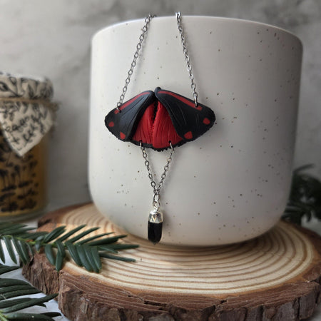 Cinnabar moth necklace with small obsidian crystal / nature woodlands and forest