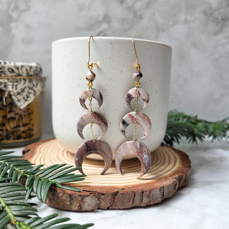 Moons earrings with rhodonite beads / nature woodlands forestcore