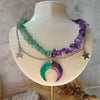 Amethyst and green aventurine crystal split necklace with polymer clay moon / handmade / nature jewelry pendant