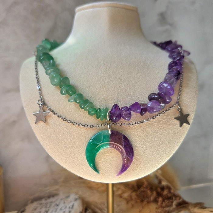 Amethyst and green aventurine crystal split necklace with polymer clay moon / handmade / nature jewelry pendant