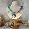 Amethyst and green aventurine crystal split necklace with polymer clay moon / handmade / nature jewelry pendant