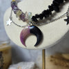 Rainbow fluorite and obsidian crystal split necklace with polymer clay moon / handmade / nature jewelry pendant