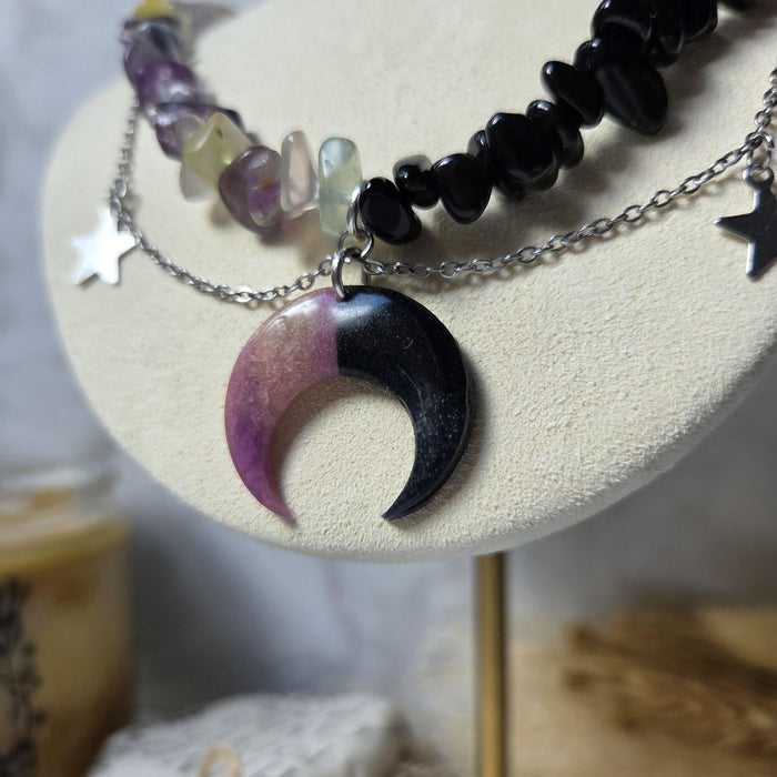 Rainbow fluorite and obsidian crystal split necklace with polymer clay moon / handmade / nature jewelry pendant