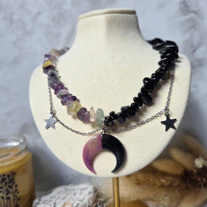 Rainbow fluorite and obsidian crystal split necklace with polymer clay moon / handmade / nature jewelry pendant