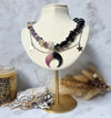 Rainbow fluorite and obsidian crystal split necklace with polymer clay moon / handmade / nature jewelry pendant