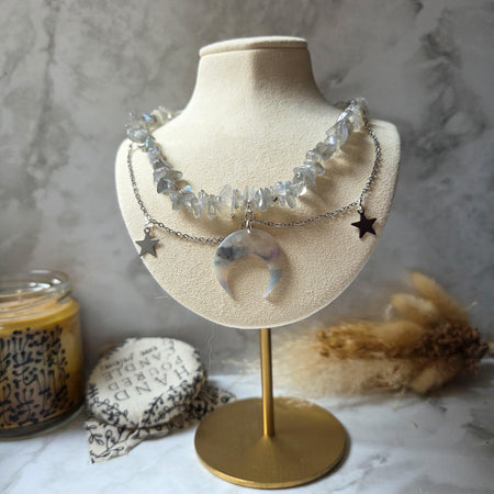 Labradorite Stone Necklace: Polymer Clay Moon Pendant