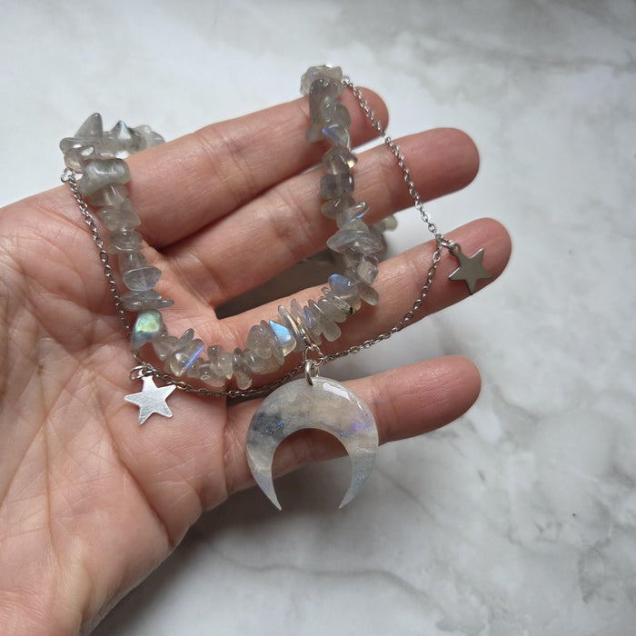 Labradorite Stone Necklace: Polymer Clay Moon Pendant