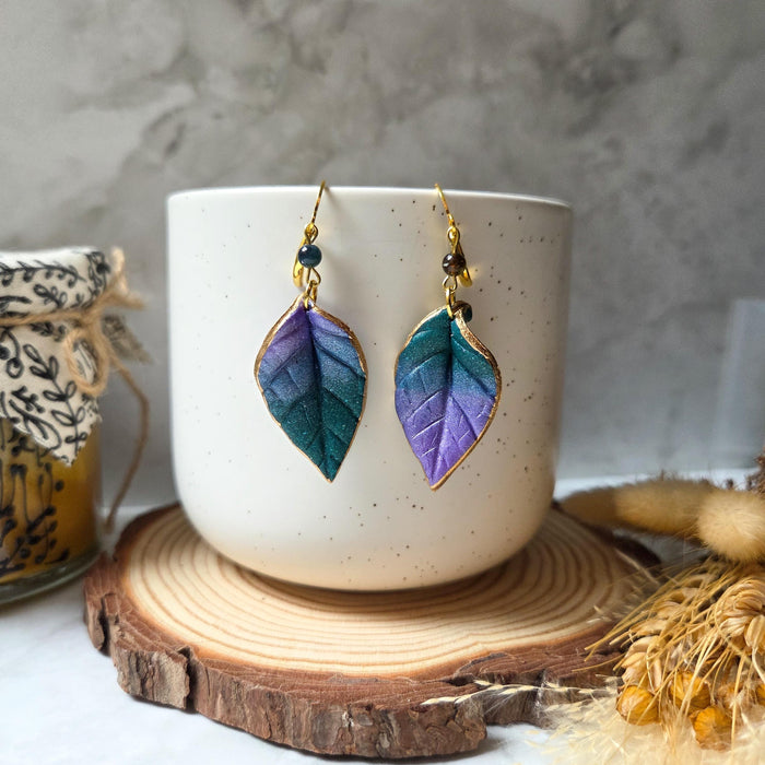 Metallic purple and green leaf earrings / nature woodlands forestcore