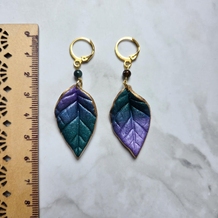 Metallic purple and green leaf earrings / nature woodlands forestcore