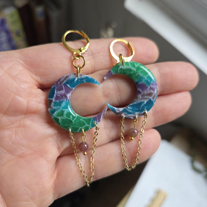 Coloured moons with watermelon tourmaline beads earrings / nature celestial