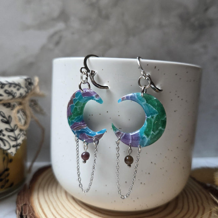 Coloured moons with watermelon tourmaline beads earrings / nature celestial