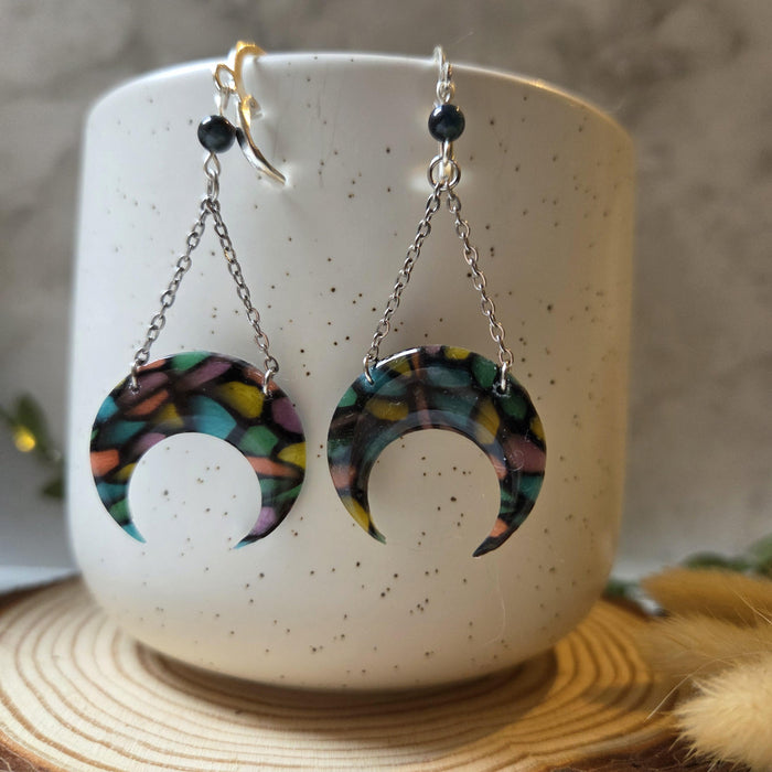 Stained glass effect moons earrings / nature celestial
