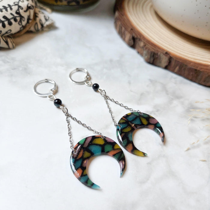 Stained glass effect moons earrings / nature celestial