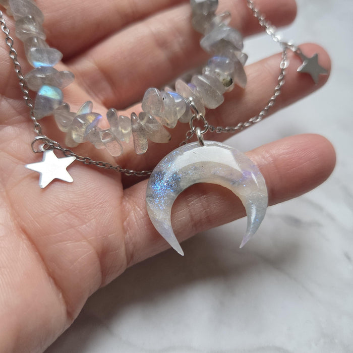 Labradorite Stone Necklace: Polymer Clay Moon Pendant